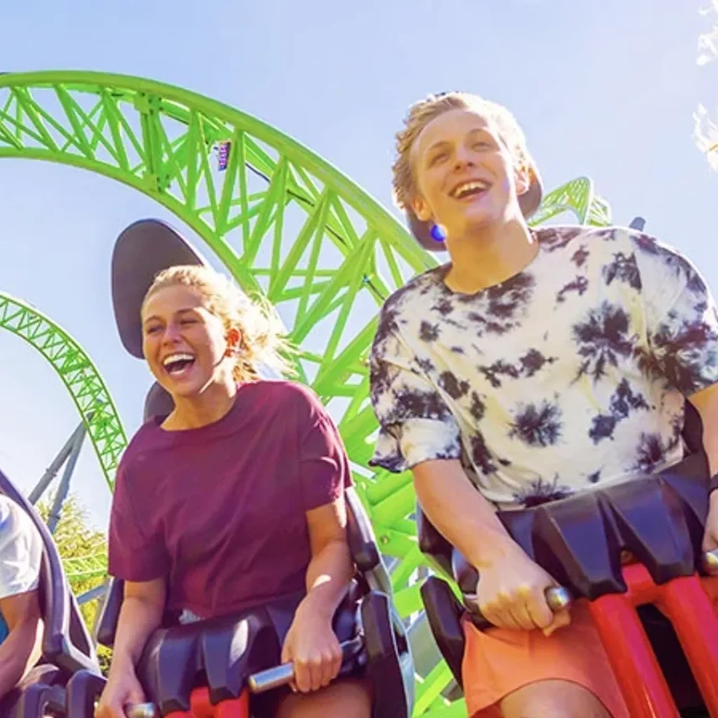 Riders on the Monster roller coaster at Adventureland in Altoona, Iowa