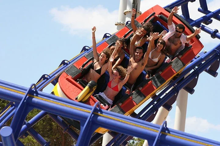 Passengers riding Watercoaster at Aquashow Outdoor Water Park in Quarteira