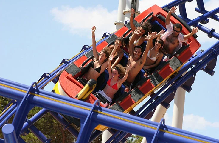 Passengers riding Watercoaster at Aquashow Outdoor Water Park in Quarteira