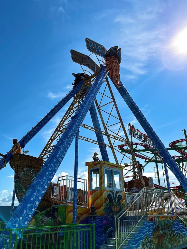 Pirate ship ride and coaster tracks at Brean Theme Park in Somerset