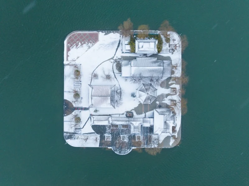 Aerial winter view of Daming Lake in Jinan after snowfall