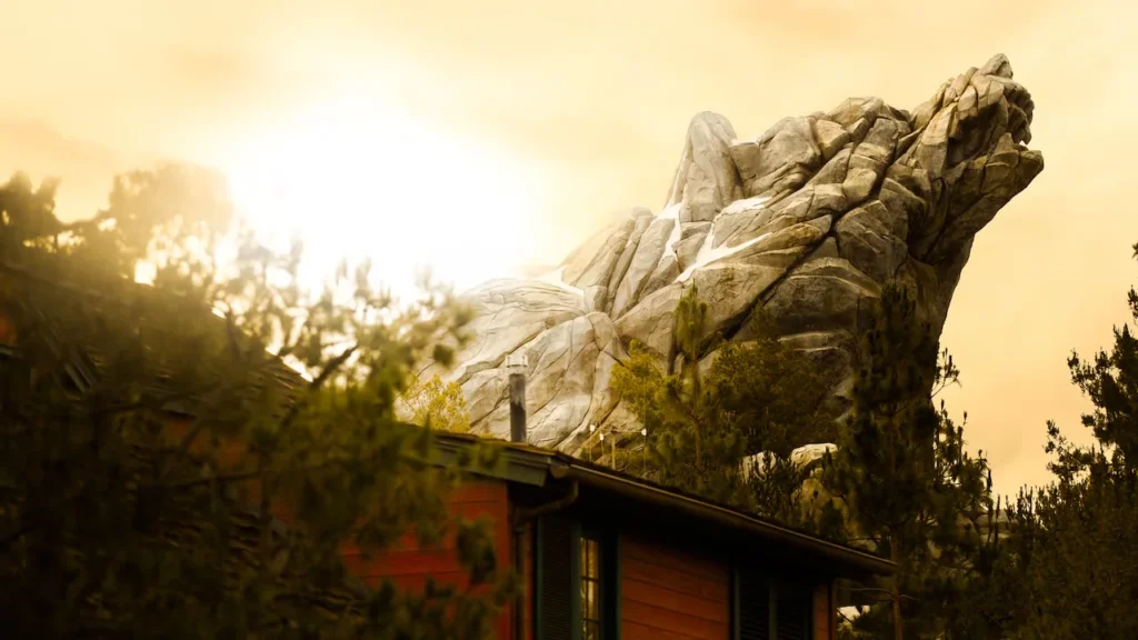 The bear-shaped rock formation rises above Grizzly Peak at Disney California Adventure.
