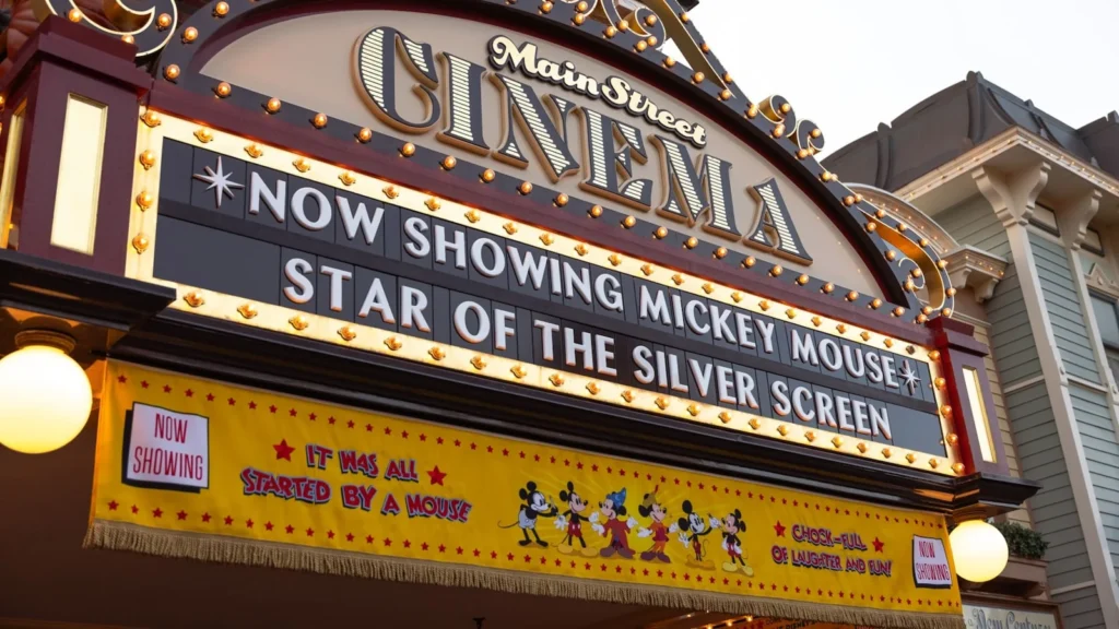 Main Street Cinema’s illuminated marquee reads “Now Showing Mickey Mouse Star of the Silver Screen.”
