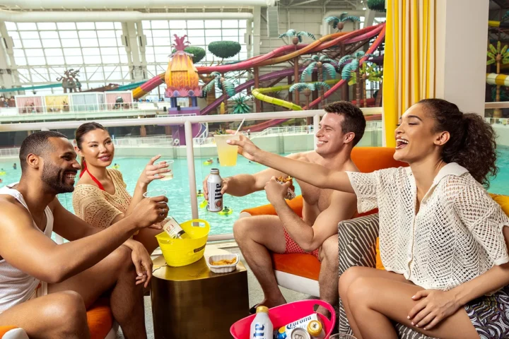 Guests in a Skybox Suite overlooking the indoor slides at DreamWorks Water Park