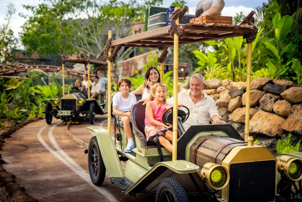 Family riding Murrissippi Motors in Dreamworld’s Rivertown on the Gold Coast