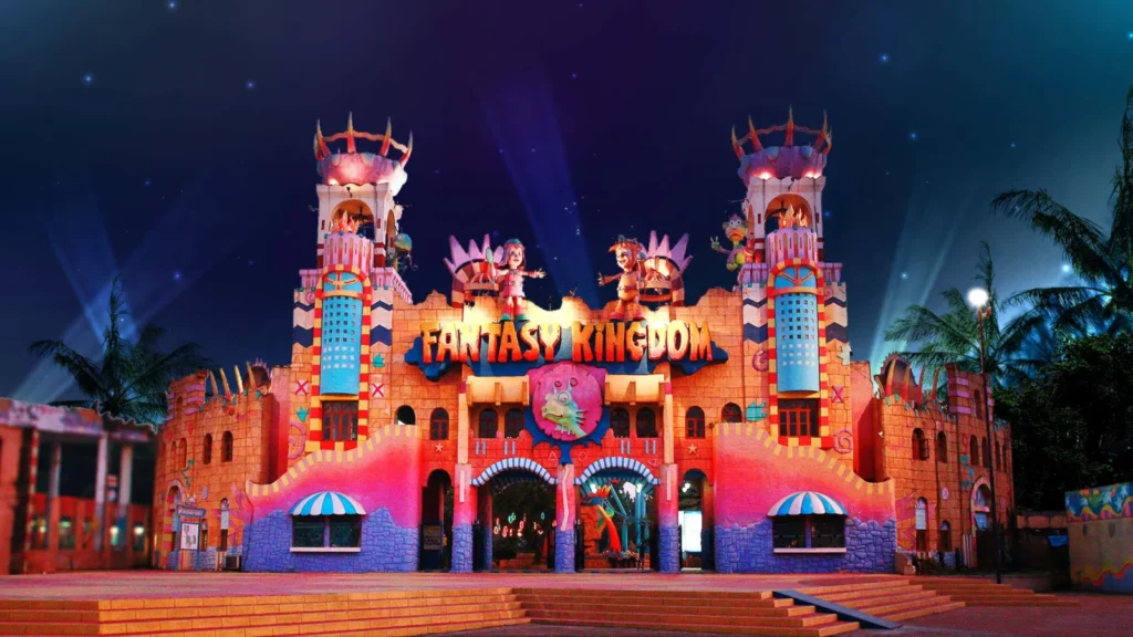 Illuminated castle entrance at Fantasy Kingdom near Dhaka