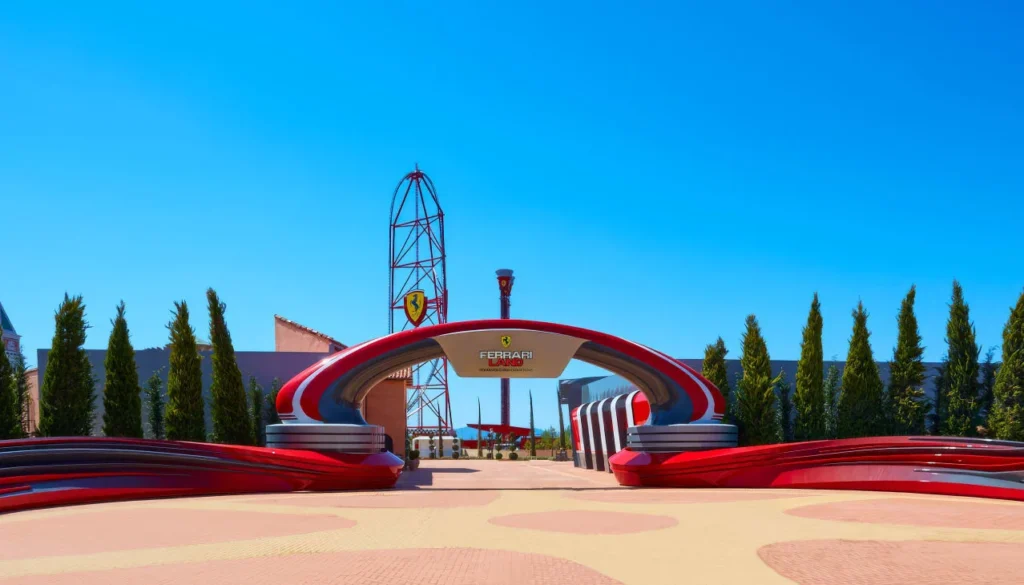 Ferrari Land entrance with Red Force behind it
