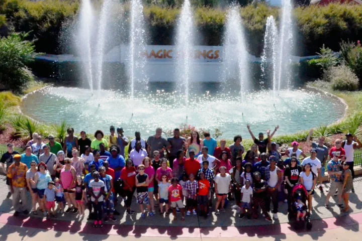 Visitors beside the fountain at Magic Springs in Hot Springs