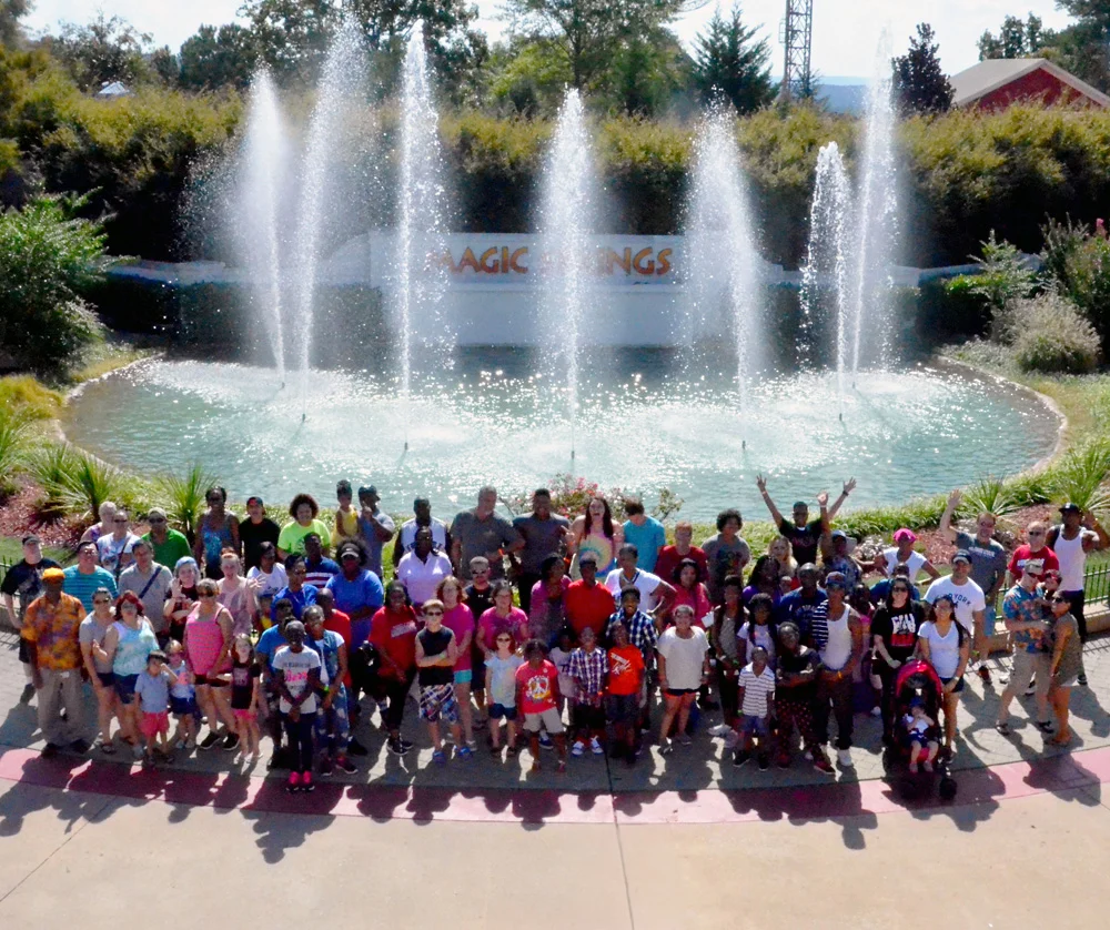 Visitors beside the fountain at Magic Springs in Hot Springs