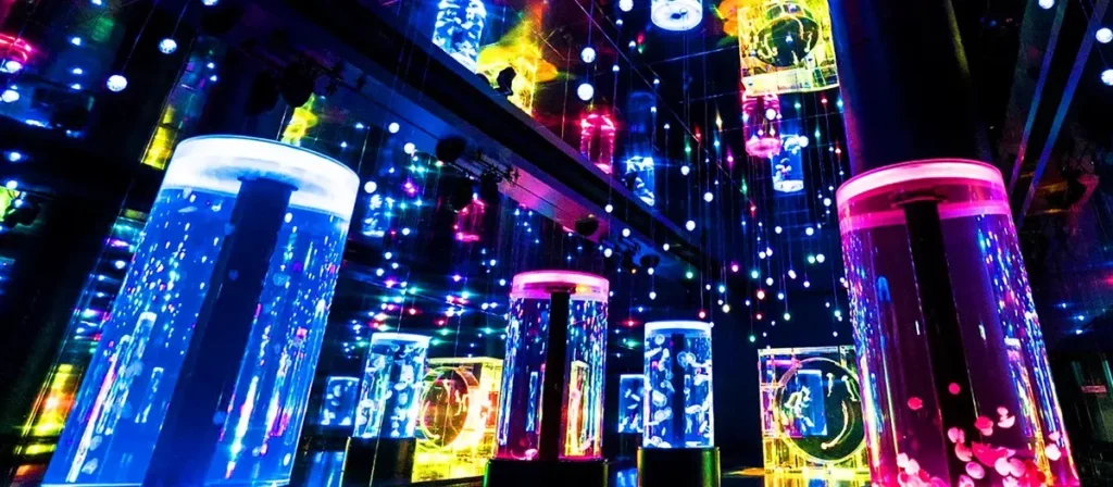 Illuminated jellyfish exhibits at Maxell Aqua Park Shinagawa in Tokyo