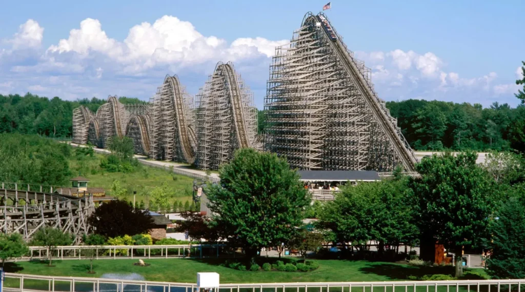 Shivering Timbers wooden roller coaster at Michigan’s Adventure