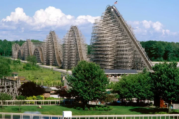 Shivering Timbers wooden roller coaster at Michigan’s Adventure