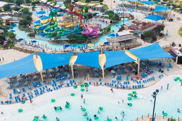 Overhead view of family water-play areas at Typhoon Texas Austin in Pflugerville