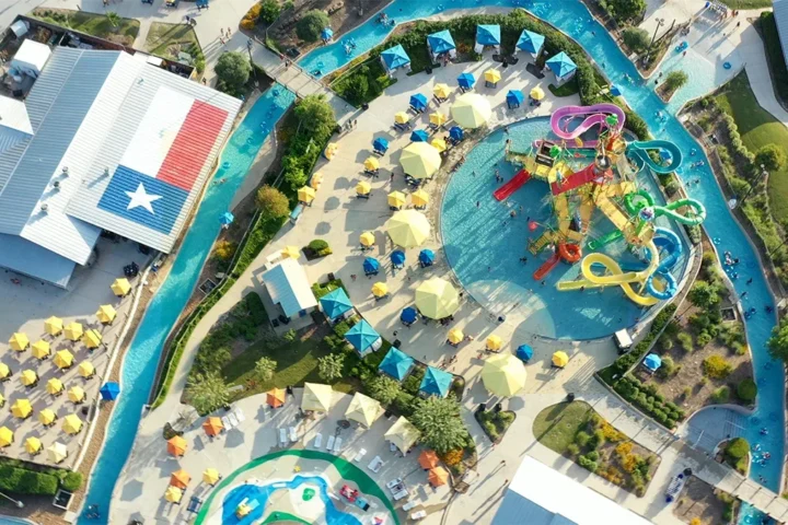 Overhead view of the water-play area and lazy river at Typhoon Texas Houston