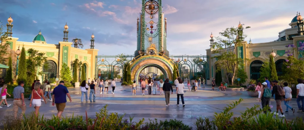 Guests approaching the Chronos entrance portal at Universal Epic Universe