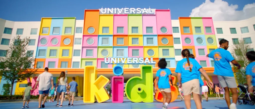 Families at the Universal Kids Resort entrance in Frisco, Texas