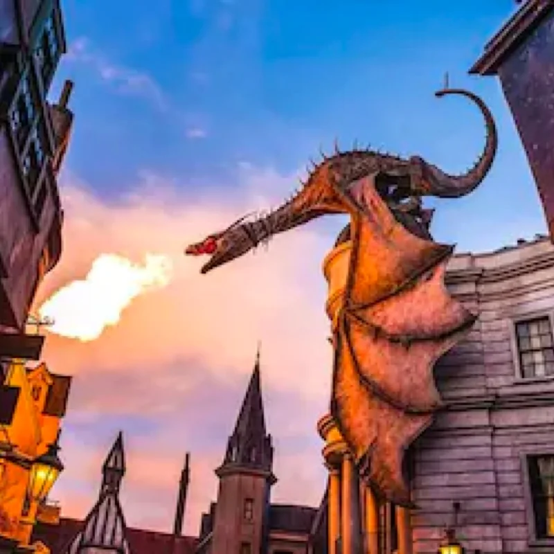 A dragon sits on top of Gringotts in Diagon Alley at Universal Studios Florida.