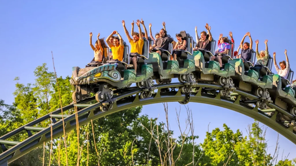 Riders on the Kondaa roller coaster at Walibi Belgium