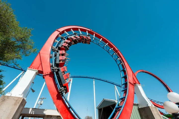 A coaster train looping at Wonderland Amusement Park in Amarillo